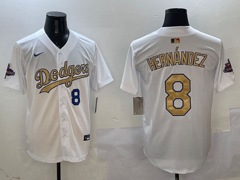 Men Los Angeles Dodgers #8 Hernandez White Champion gold character 2025 Nike MLB Jersey style 11